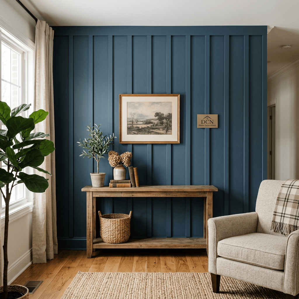 Living room corner with blue paneled wall, wooden console table, potted plants, artwork, and beige armchair